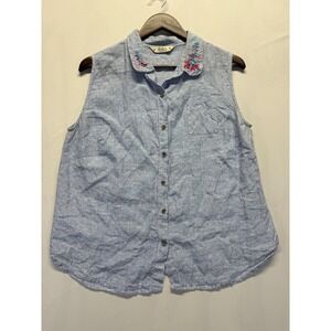 Abito Top‎ Womens XL Blue White Vertical Striped Embroidered Floral Button Up